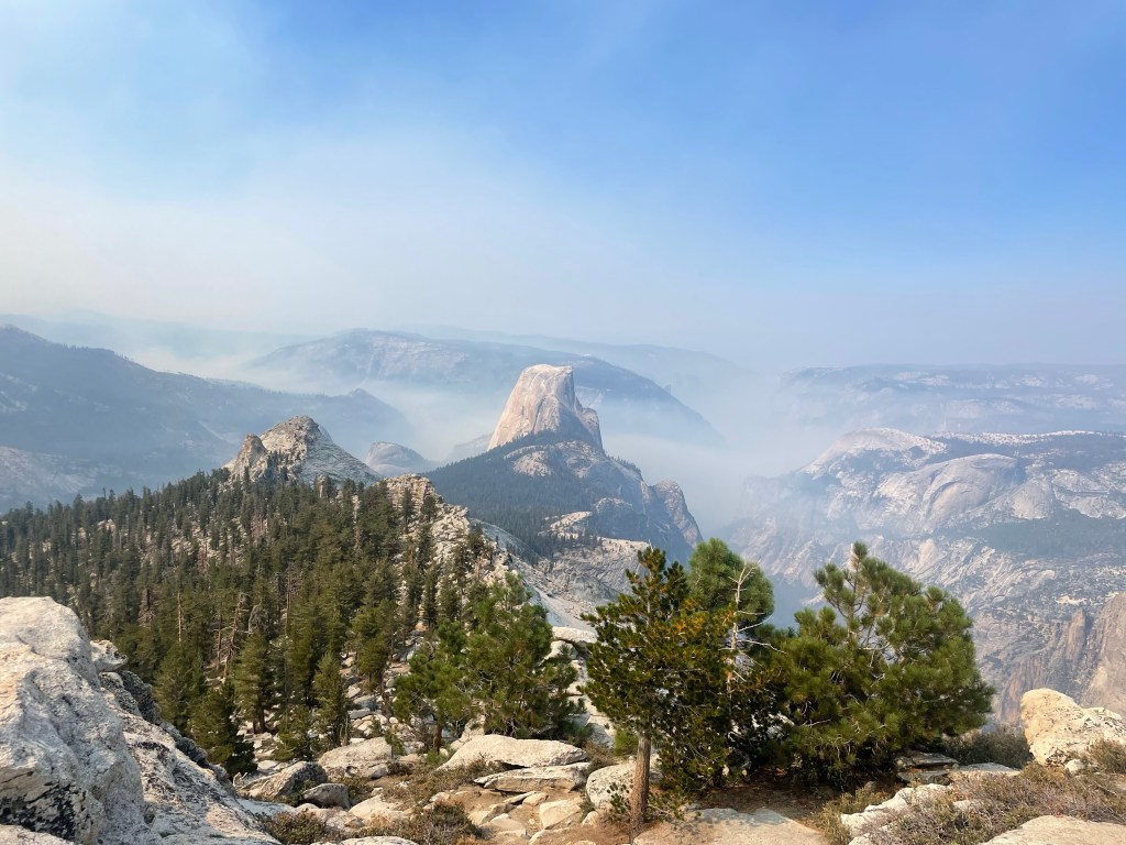 Half Dome from Cloud’s Rest with smoke obscuring Yosemite Valley below.